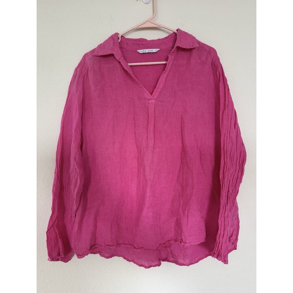 Luna Luz Pink Linen Popover Top Beachy Chic Resortwear Tunic Shirt Size Small